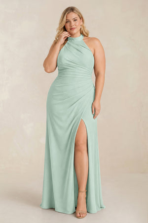 Sage High Neck Chiffon Sheath Ruched Bridesmaid Dress [sizeplus] | KISSBRIDAL