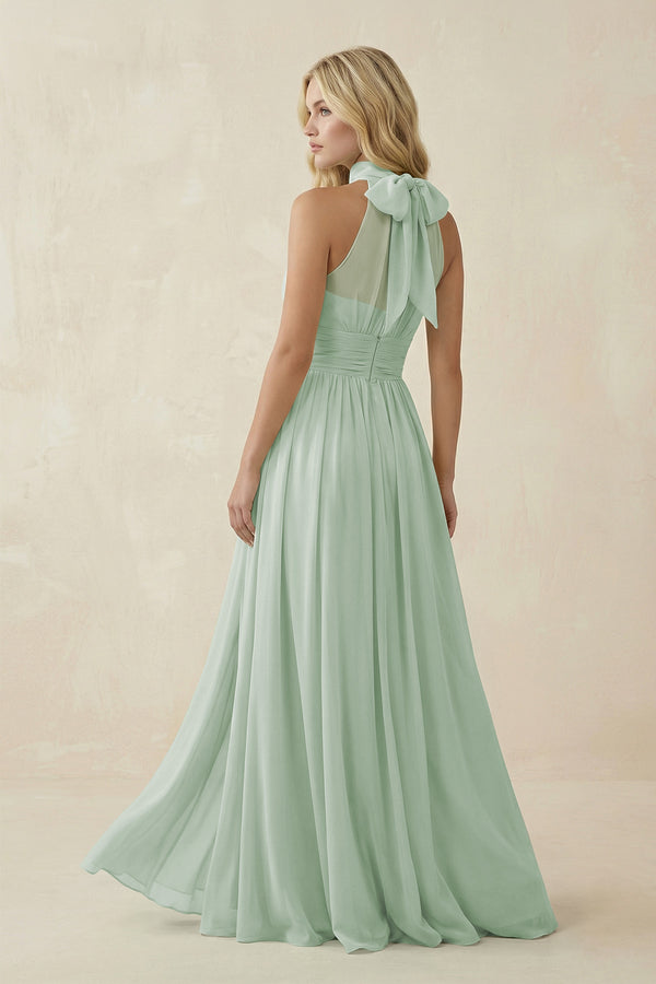 Sage Illusion Halter A-Line Chiffon Bridesmaid Gown (2) | KISSBRIDAL