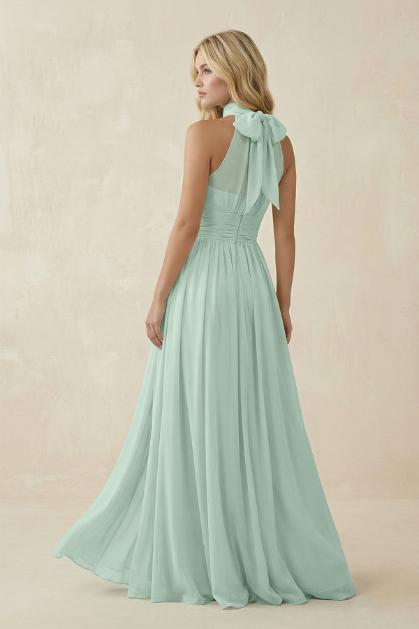 Sage Illusion Halter A-Line Chiffon Bridesmaid Gown (2) | KISSBRIDAL