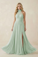 Sage Illusion Halter A-Line Chiffon Bridesmaid Gown | KISSBRIDAL