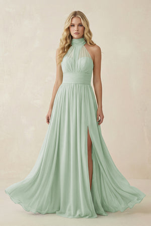 Sage Illusion Halter A-Line Chiffon Bridesmaid Gown | KISSBRIDAL