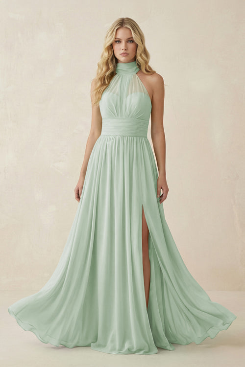 Sage Illusion Halter A-Line Chiffon Bridesmaid Gown | KISSBRIDAL