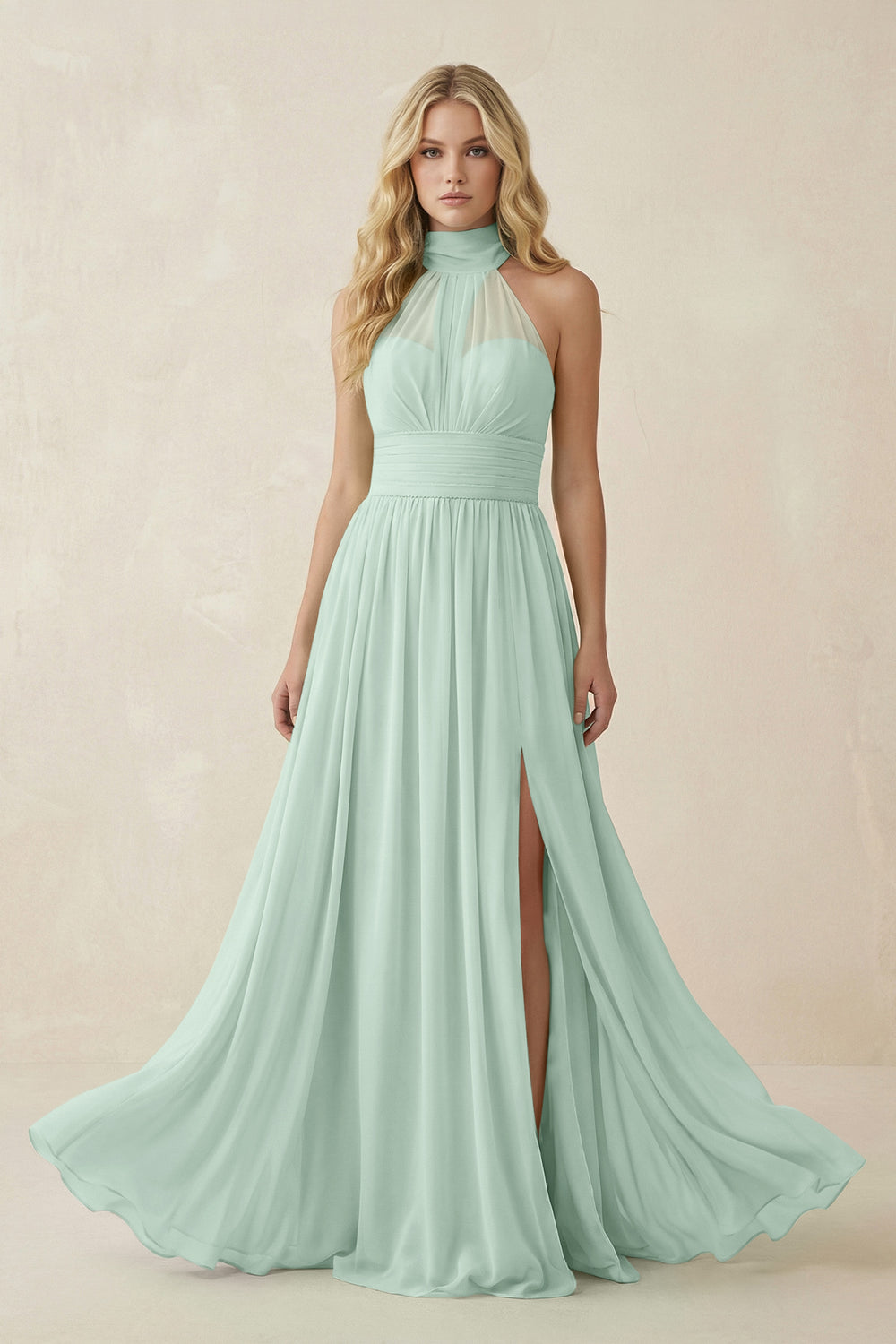 Illusion Halter A-Line Chiffon Bridesmaid Gown in Sage