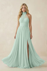 Sage Illusion Halter A-Line Chiffon Bridesmaid Gown | KISSBRIDAL