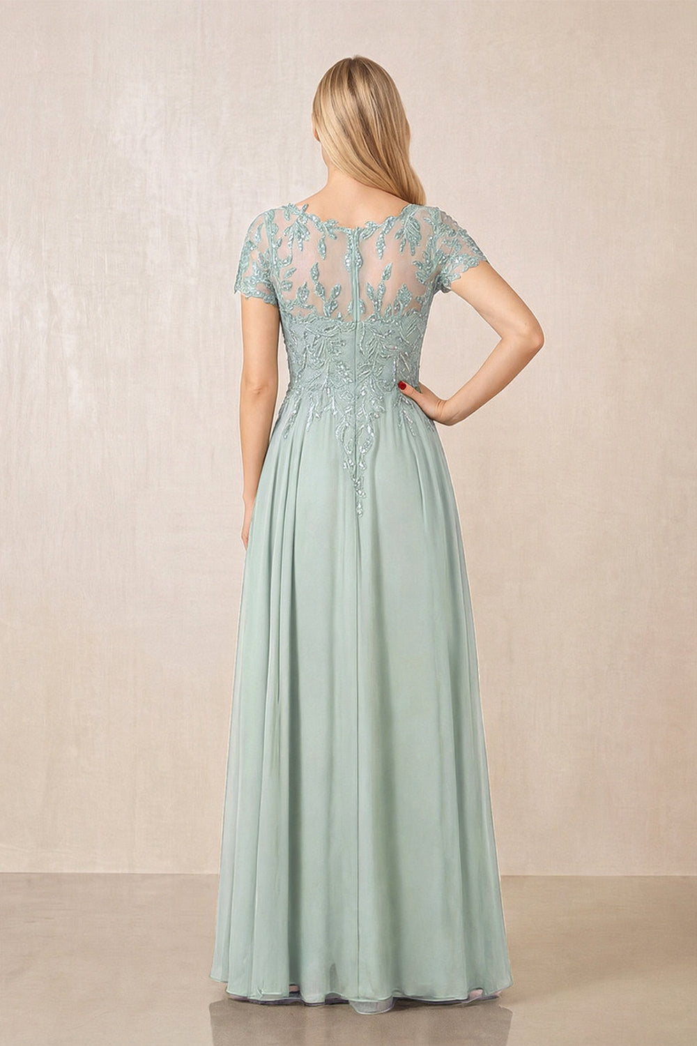 Sage Illusion Neck A-Line Chiffon Cap Sleeves Mother of the Bride Dress