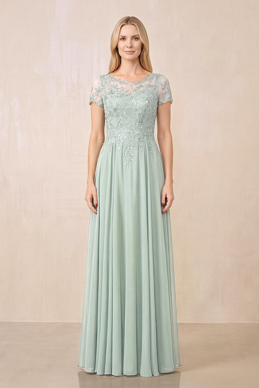 Sage Illusion Neck A-Line Chiffon Cap Sleeves Mother of the Bride Dress