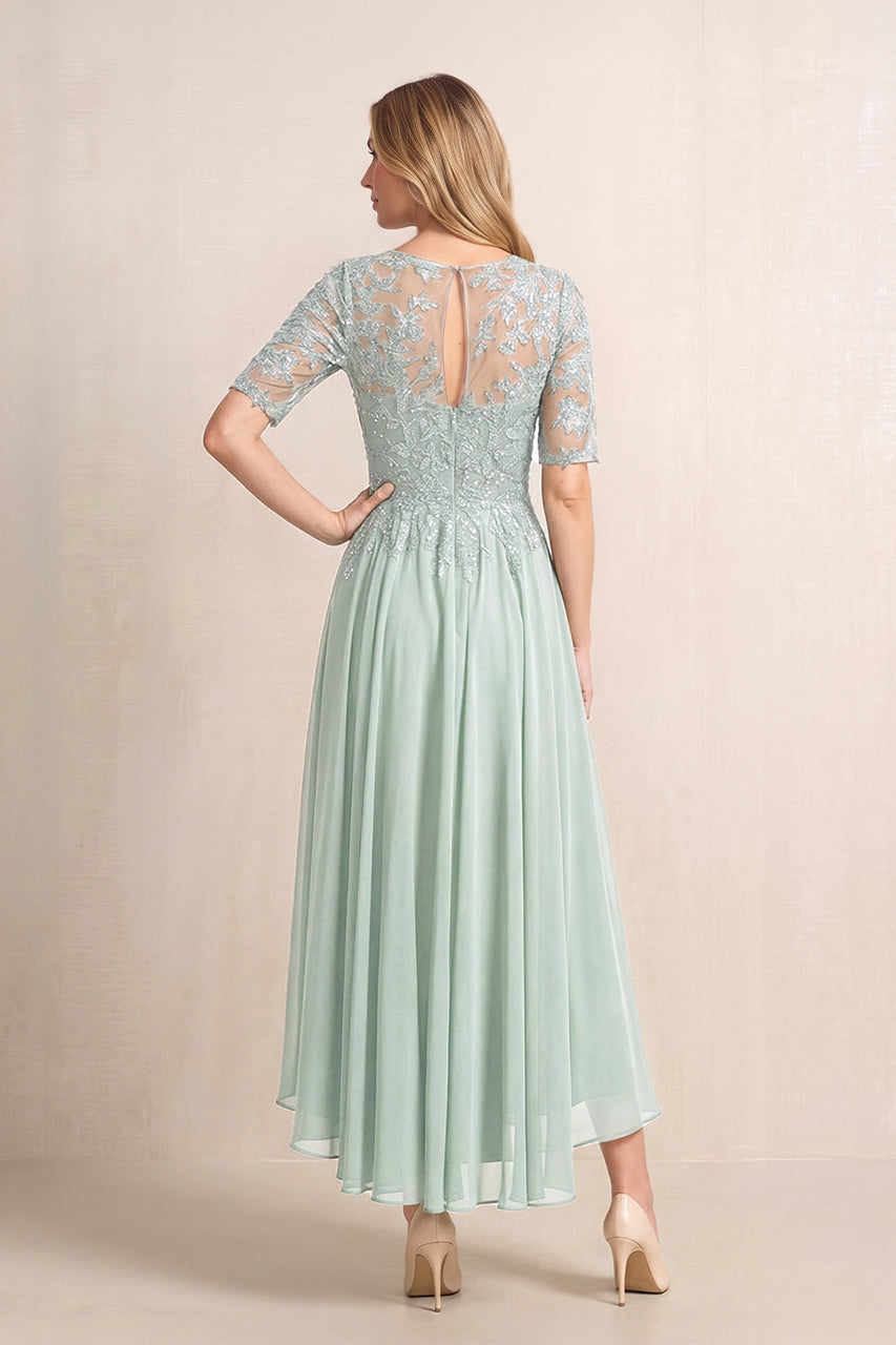 Sage Illusion Neck A-Line Chiffon Lace Midi Mother of the Bride Dress with Half Sleeves