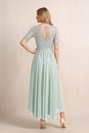Sage Illusion Neck A-Line Chiffon Lace Midi Mother of the Bride Dress with Half Sleeves (2) | KISSBRIDAL