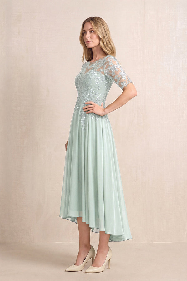 Sage Illusion Neck A-Line Chiffon Lace Midi Mother of the Bride Dress with Half Sleeves (3) | KISSBRIDAL