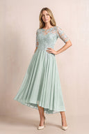Sage Illusion Neck A-Line Chiffon Lace Midi Mother of the Bride Dress with Half Sleeves | KISSBRIDAL