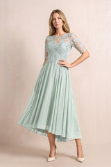 Sage Illusion Neck A-Line Chiffon Lace Midi Mother of the Bride Dress with Half Sleeves | KISSBRIDAL