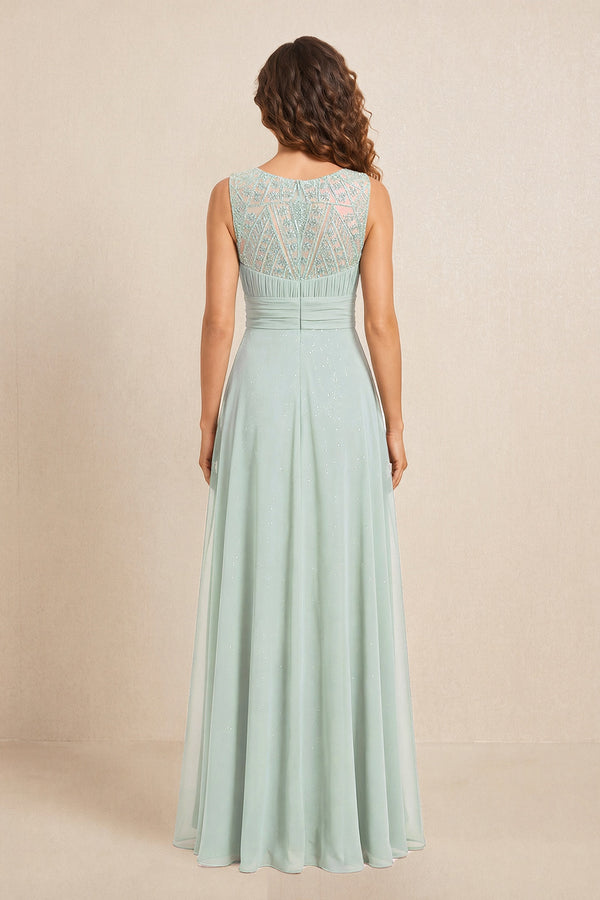 Sage Illusion Neck A-Line Satin Embroidered Pleated Mother of the Bride Dress (2) | KISSBRIDAL