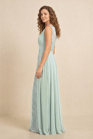 Sage Illusion Neck A-Line Satin Embroidered Pleated Mother of the Bride Dress (3) | KISSBRIDAL