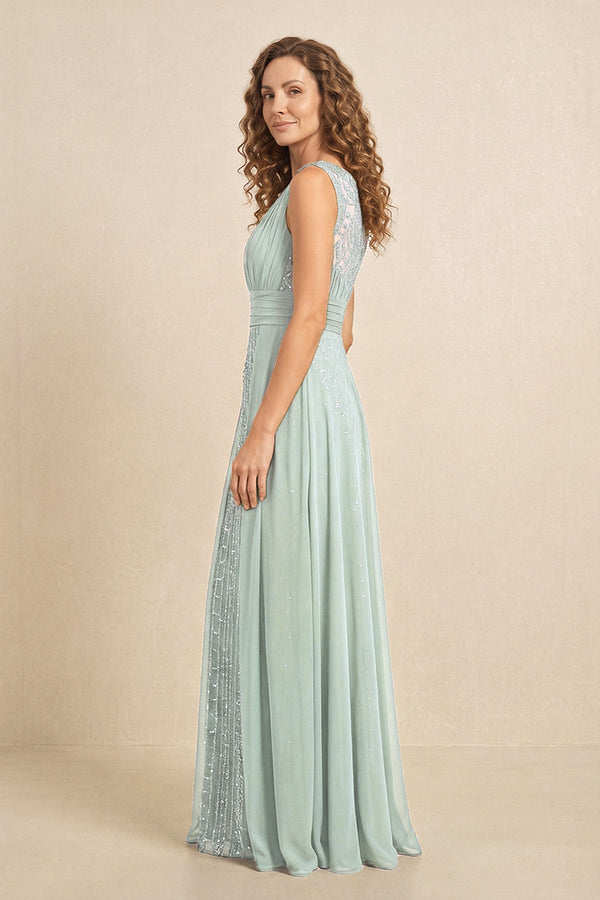Sage Illusion Neck A-Line Satin Embroidered Pleated Mother of the Bride Dress (3) | KISSBRIDAL