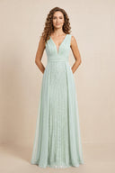 Sage Illusion Neck A-Line Satin Embroidered Pleated Mother of the Bride Dress | KISSBRIDAL