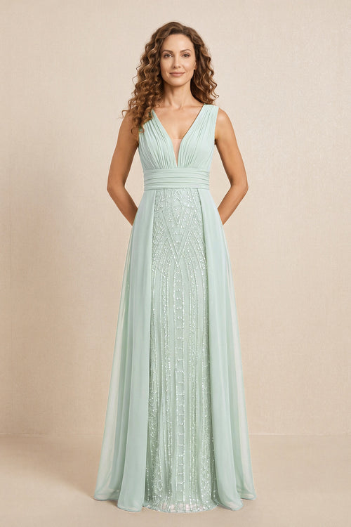 Sage Illusion Neck A-Line Satin Embroidered Pleated Mother of the Bride Dress | KISSBRIDAL