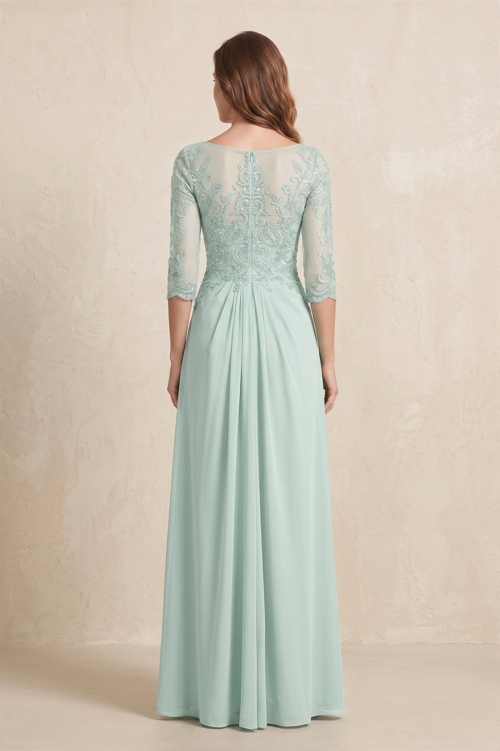 Sage Illusion Neck Sheath Embroidered Chiffon Mother of the Bride Dress with Half Sleeves