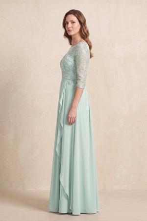 Sage Illusion Neck Sheath Embroidered Chiffon Mother of the Bride Dress with Half Sleeves (3) | KISSBRIDAL