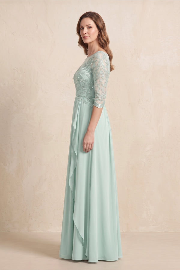 Sage Illusion Neck Sheath Embroidered Chiffon Mother of the Bride Dress with Half Sleeves (3) | KISSBRIDAL