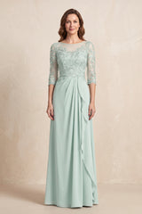 Sage Illusion Neck Sheath Embroidered Chiffon Mother of the Bride Dress with Half Sleeves | KISSBRIDAL