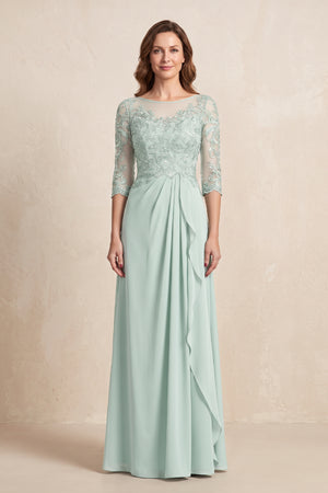 Sage Illusion Neck Sheath Embroidered Chiffon Mother of the Bride Dress with Half Sleeves | KISSBRIDAL