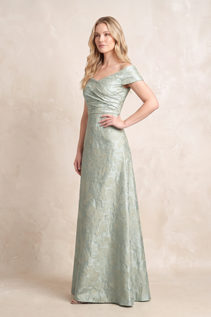 Sage Jacquard A-Line Off-the-Shoulder Mother of the Bride Dress with Lace-up Back (2) | KISSBRIDAL