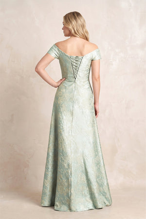 Sage Jacquard A-Line Off-the-Shoulder Mother of the Bride Dress with Lace-up Back (3) | KISSBRIDAL