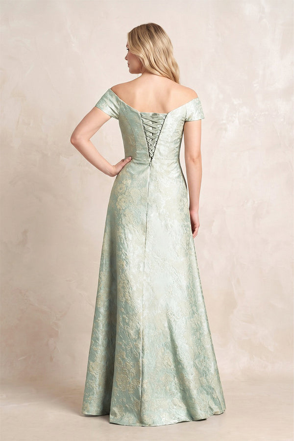 Sage Jacquard A-Line Off-the-Shoulder Mother of the Bride Dress with Lace-up Back (3) | KISSBRIDAL