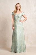 Sage Jacquard A-Line Off-the-Shoulder Mother of the Bride Dress with Lace-up Back | KISSBRIDAL