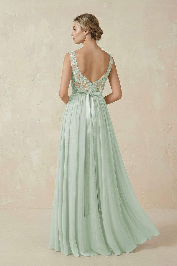 Sage Lace A-Line Bateau Neck Chiffon Long Bridesmaid Dress (2) | KISSBRIDAL