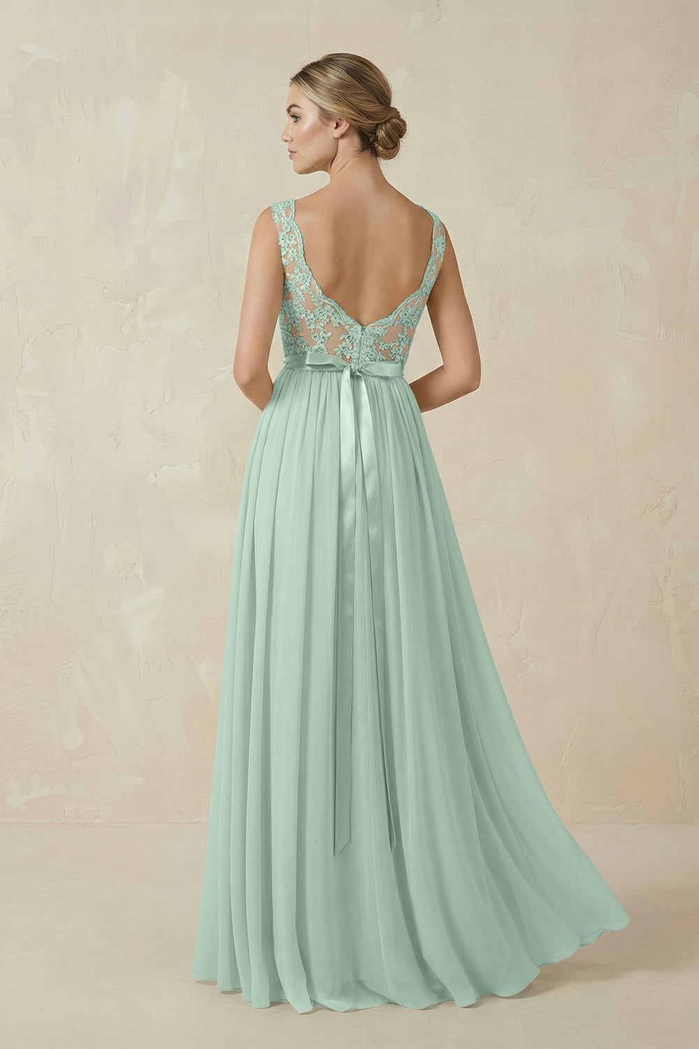 Lace A-Line Bateau Neck Chiffon Long Bridesmaid Dress in Sage
