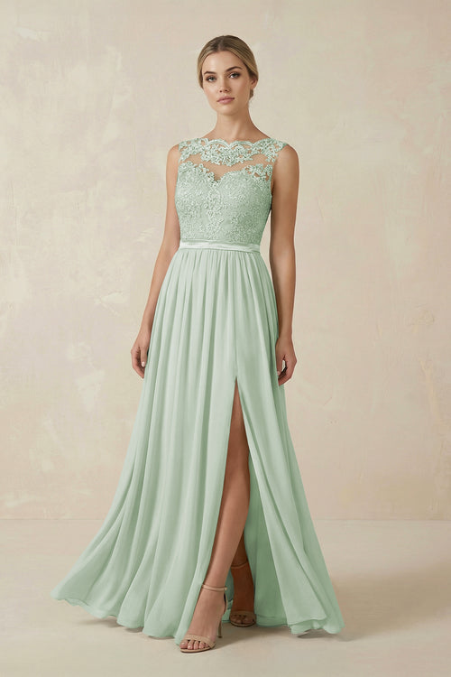 Sage Lace A-Line Bateau Neck Chiffon Long Bridesmaid Dress | KISSBRIDAL