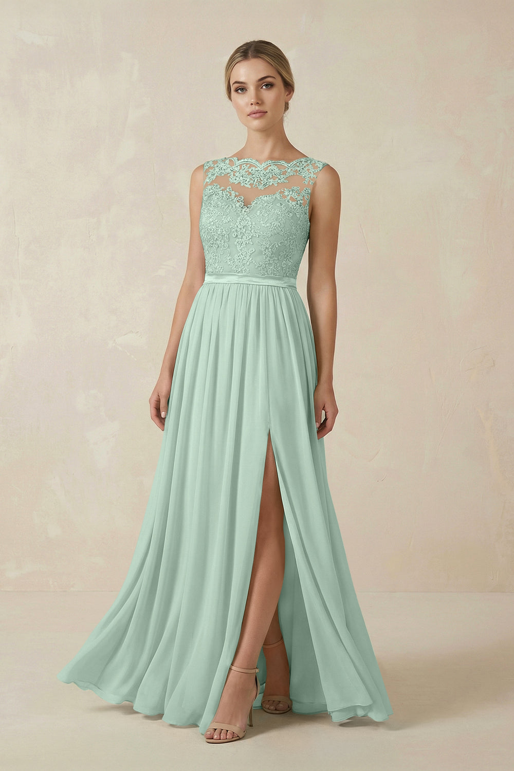 Lace A-Line Bateau Neck Chiffon Long Bridesmaid Dress in Sage