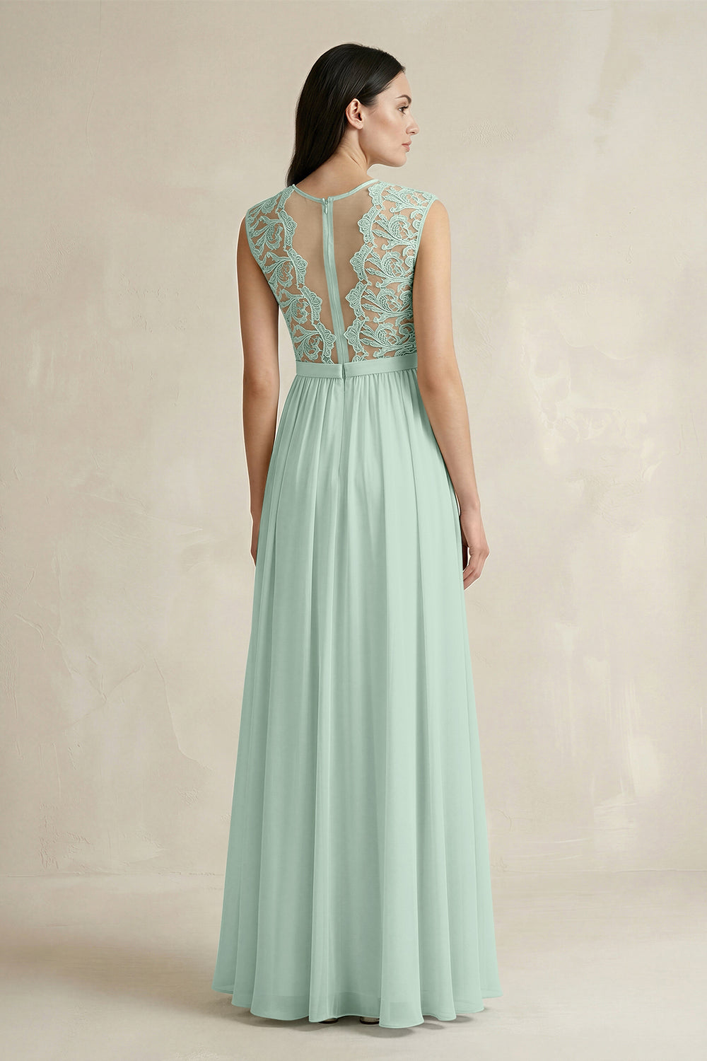 Lace Chiffon A-Line Round Neck Bridesmaid Dress in Sage