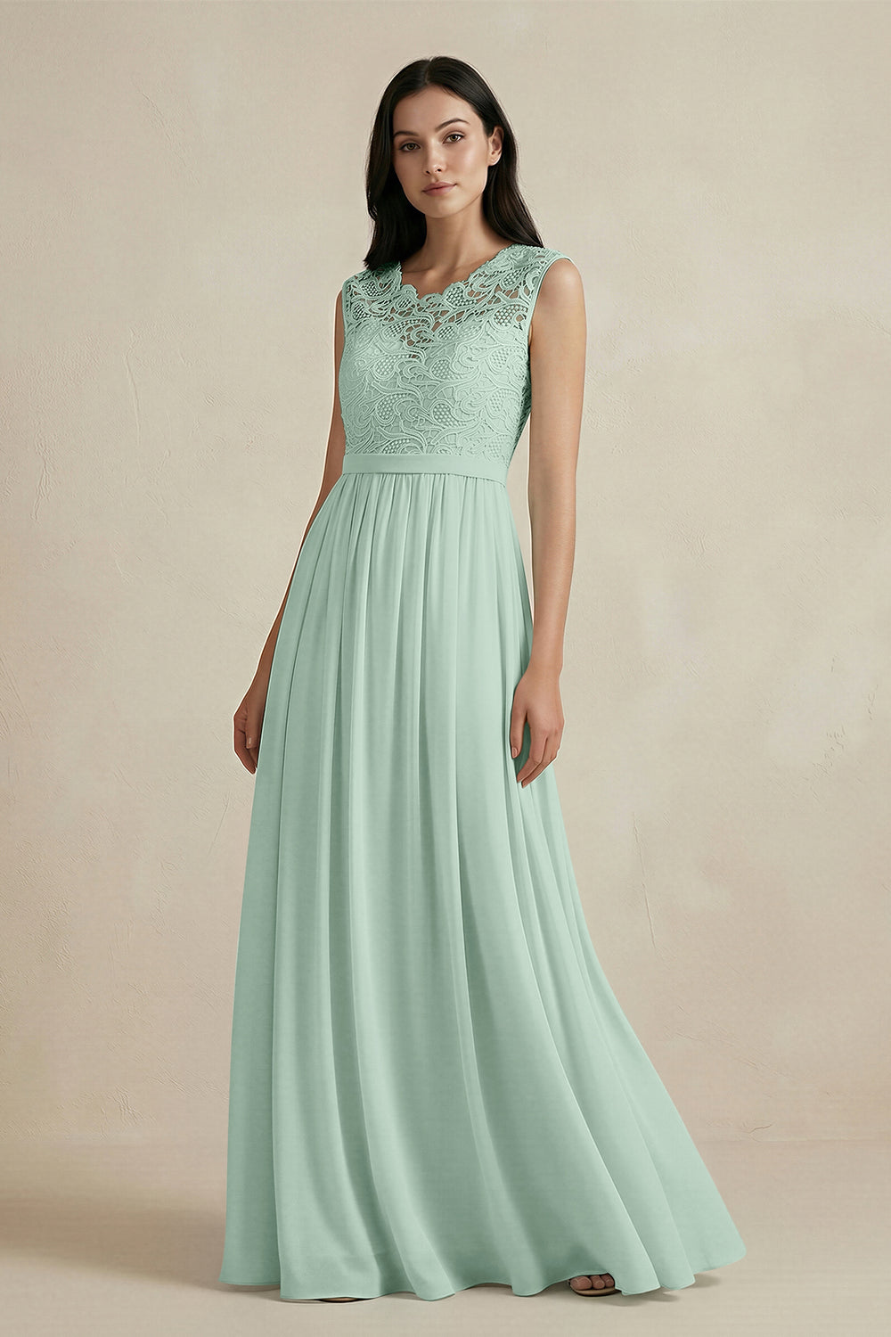 Lace Chiffon A-Line Round Neck Bridesmaid Dress in Sage