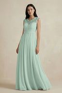Sage Lace Chiffon A-Line Round Neck Bridesmaid Dress | KISSBRIDAL