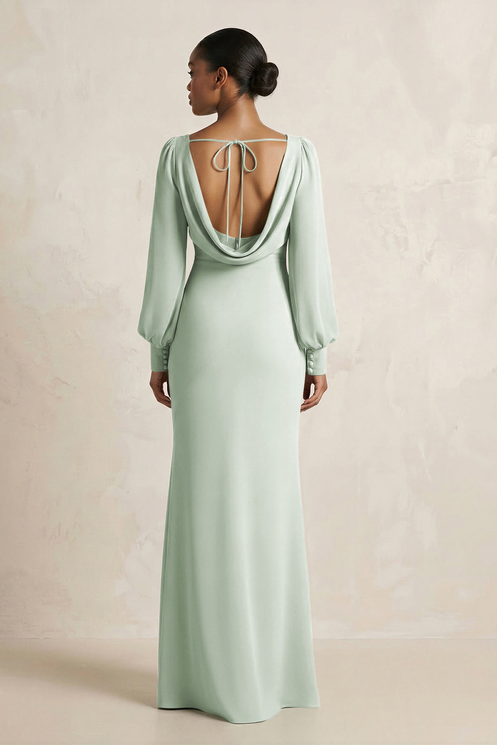 Long Sleeve V-Neck Sheath Chiffon Bridesmaid Dress in Sage