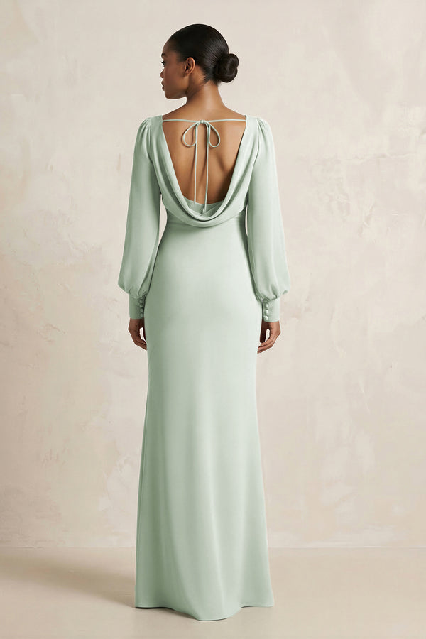 Sage Long Sleeve V-Neck Sheath Chiffon Bridesmaid Dress (2) | KISSBRIDAL