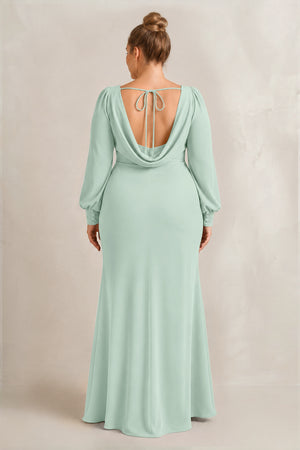 Sage Long Sleeve V-Neck Sheath Chiffon Bridesmaid Dress (2) [sizeplus] | KISSBRIDAL