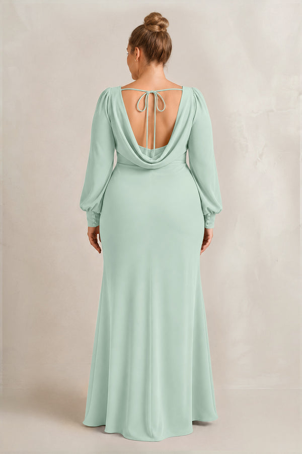 Sage Long Sleeve V-Neck Sheath Chiffon Bridesmaid Dress (2) [sizeplus] | KISSBRIDAL