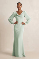 Sage Long Sleeve V-Neck Sheath Chiffon Bridesmaid Dress | KISSBRIDAL