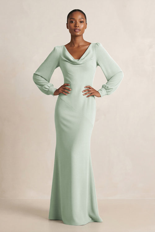 Sage Long Sleeve V-Neck Sheath Chiffon Bridesmaid Dress | KISSBRIDAL