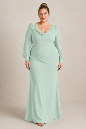 Sage Long Sleeve V-Neck Sheath Chiffon Bridesmaid Dress [sizeplus] | KISSBRIDAL
