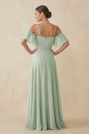 Sage Off-the-Shoulder A-Line Chiffon Bridesmaid Dress (2) | KISSBRIDAL