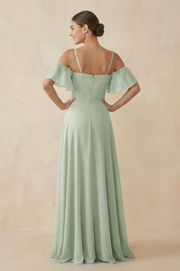 Sage Off-the-Shoulder A-Line Chiffon Bridesmaid Dress (2) | KISSBRIDAL
