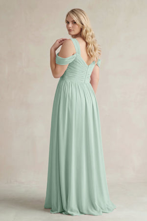 Sage Off-the-Shoulder A-Line Chiffon Bridesmaid Dress With Slit (2) | KISSBRIDAL
