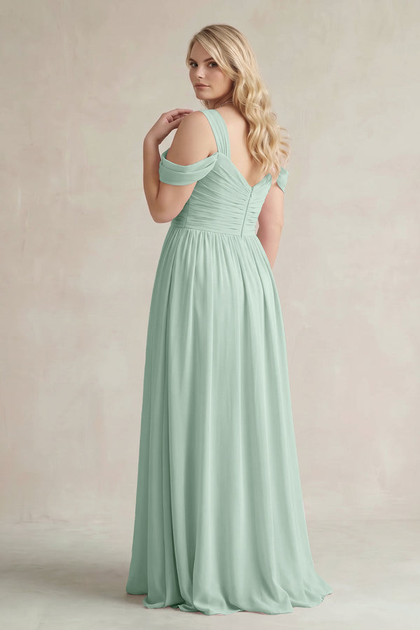Sage Off-the-Shoulder A-Line Chiffon Bridesmaid Dress With Slit (2) | KISSBRIDAL