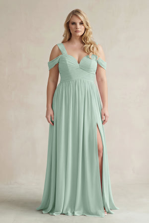 Sage Off-the-Shoulder A-Line Chiffon Bridesmaid Dress With Slit | KISSBRIDAL