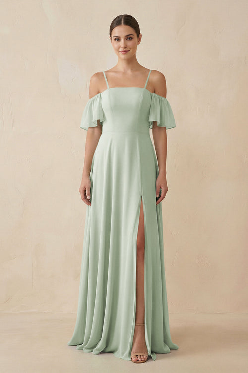 Sage Off-the-Shoulder A-Line Chiffon Bridesmaid Dress | KISSBRIDAL