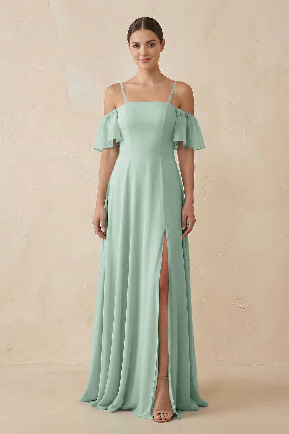 Off-the-Shoulder A-Line Chiffon Bridesmaid Dress in Sage